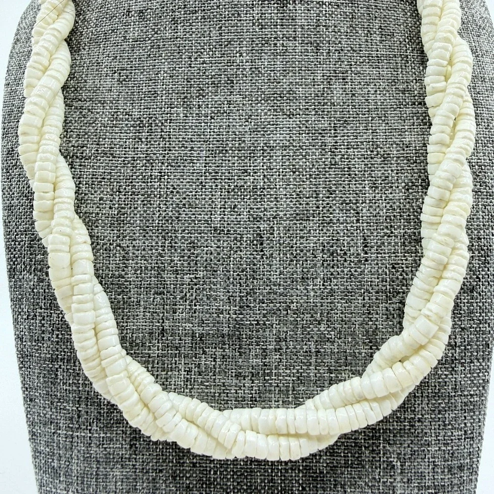 White Puka Shell Heishi Bead Necklace Triple Strand Twisted Boho Coastal Beach